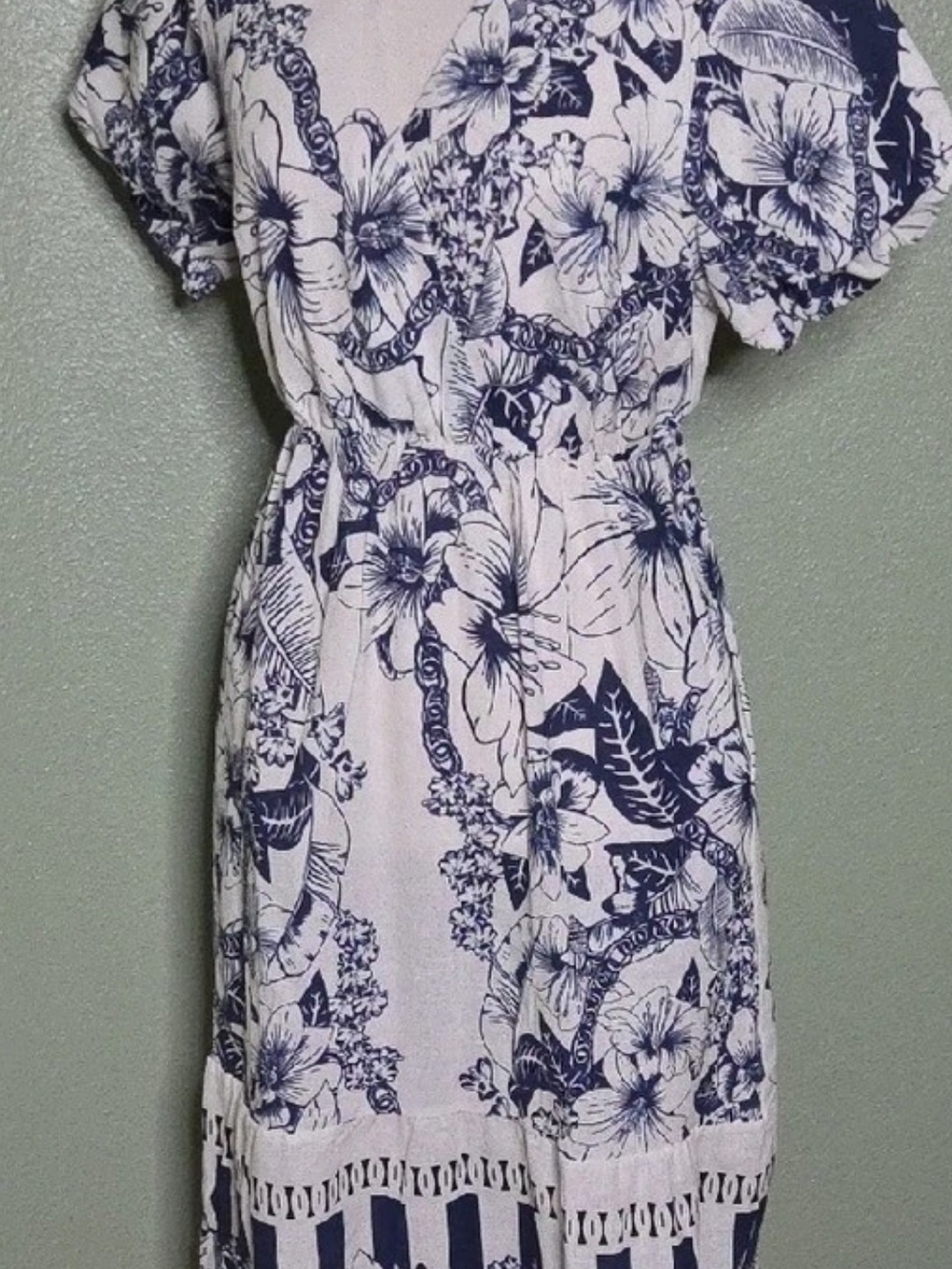 Women's Navy Floral Midi Dress with Elastic Waist